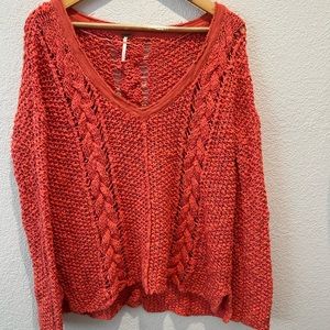 Free People, Cable Knit, Over-sized, size Medium, Coral/ orange-red Sweater.